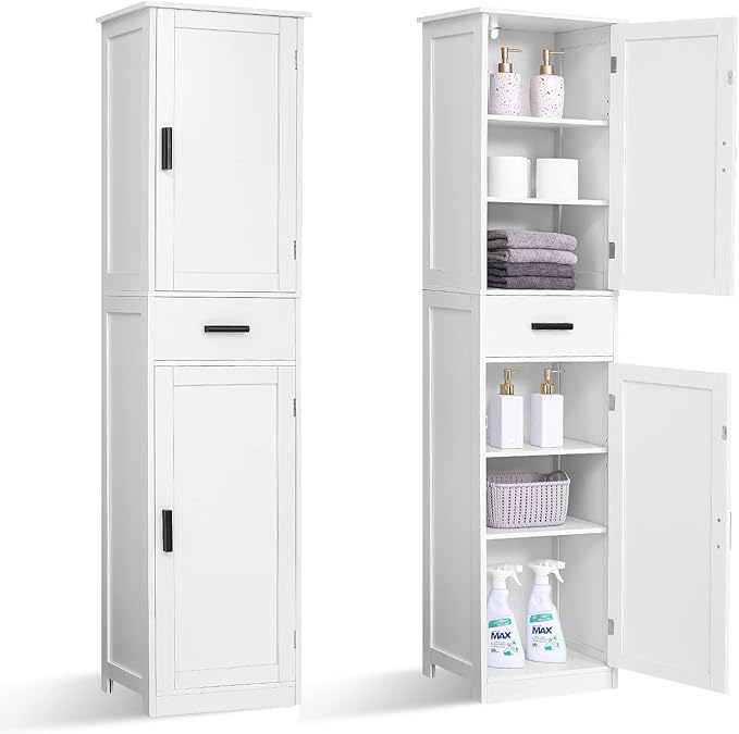 usikey 67'' Tall Bathroom Cabinet, Storage Cabinet with 4 Shelves & 2 Doors, Narrow Storage Cabinets for Bathroom, Living Room, Home Office, White