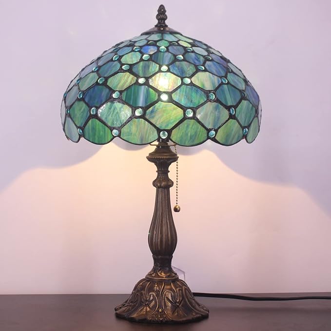 Tiffany Table Lamp Stained Glass Lamp 12X12X19 Inch Antique Reading Light (Sea Blue Pear)