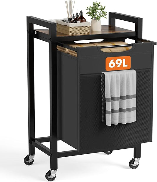 Sweetcrispy Laundry Hamper with 1 Pull-Out Removable Sorter Bags, Movable Wheels, Freestanding Clothes Basket Organizer in Bathroom, 1 × 18.3Gal (69L) Capacity, Rustic Brown and Black