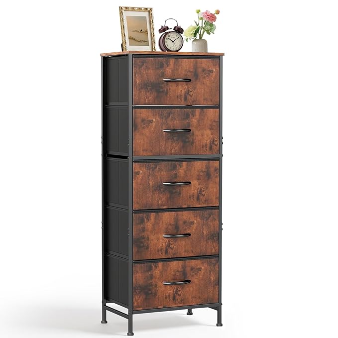 Nightstand, 5 Drawer Dresser End Table Bedside Furniture with Wooden Top Steel Frame Fabric Bins for Bedroom, Closet, Entryway, Dorm, Living Room, Brown