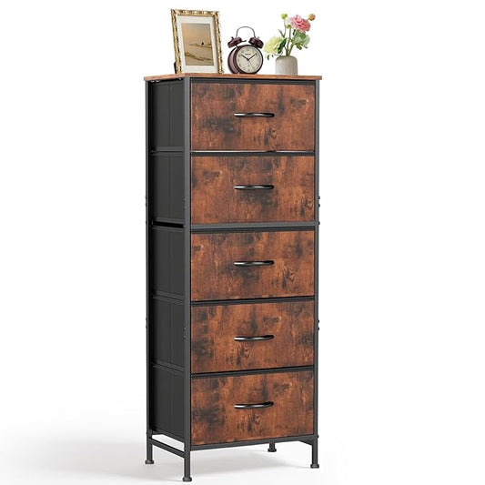 Nightstand, 5 Drawer Dresser End Table Bedside Furniture with Wooden Top Steel Frame Fabric Bins for Bedroom, Closet, Entryway, Dorm, Living Room, Brown
