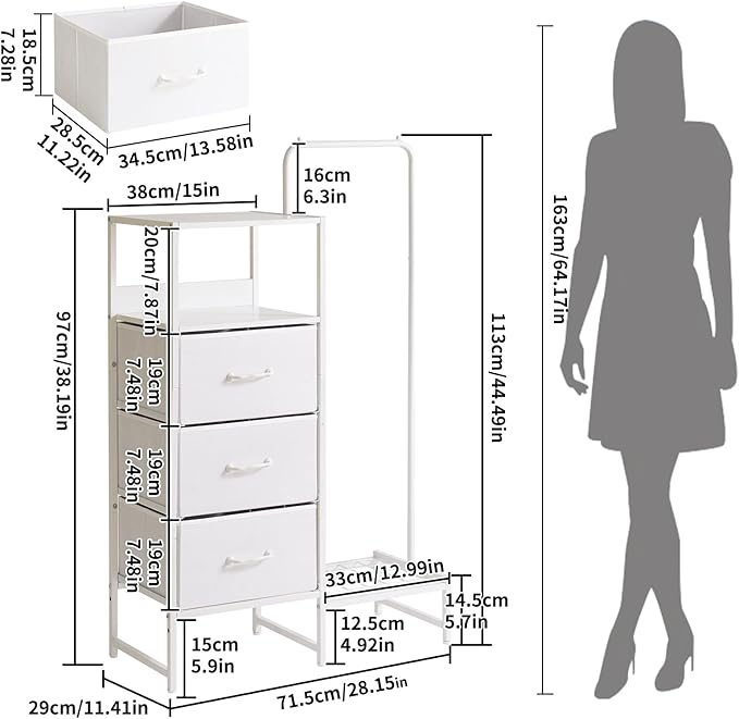 Clothes Rack, Garment Rack with Shelves and Hanging Rod, 3 Drawers, Reversible Coat Hanger, White YD-TM081W1