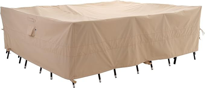 WJ-X3 Dining Set Cover 86W x 47D x 31H Inch, Heavy Duty Patio Table Cover, Outdoor Furniture Cover Waterproof, Rectangle Table and Chairs Set Covers High Wind Resistant, Anti-Fading, Beige