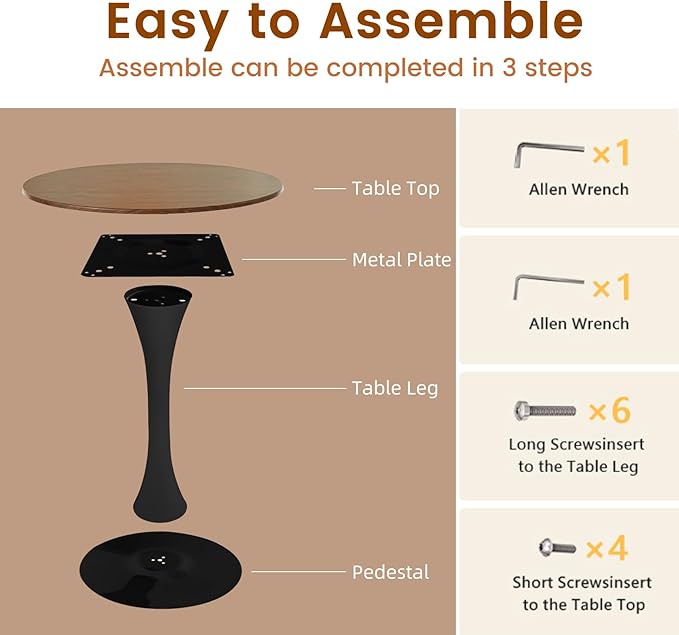 Round Dining Tulip Table for 2, Mid-Century Modern Table with Sturdy Metal Pedestal for Kitchen, Bistro, Cafe, Leisure (Faux Walnut, 24 INCH)