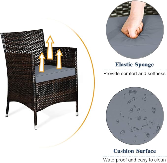 Tangkula 8 PCS Patio Rattan Conversation Set, Outdoor Wicker Furniture Set with Tempered Glass Coffee Table &Thick Cushion, Rattan Chair Wicker Set for Garden, Lawn, Poolside and Backyard (2, Gray)