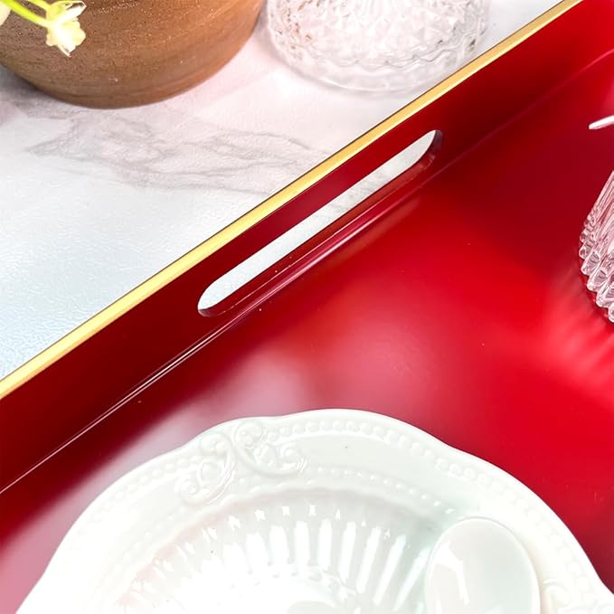 Large Red Tray, Elegant Plastic Coffee Table Tray for Ottoman, Home Decor, Living Room.16.7"*12"*1.6"