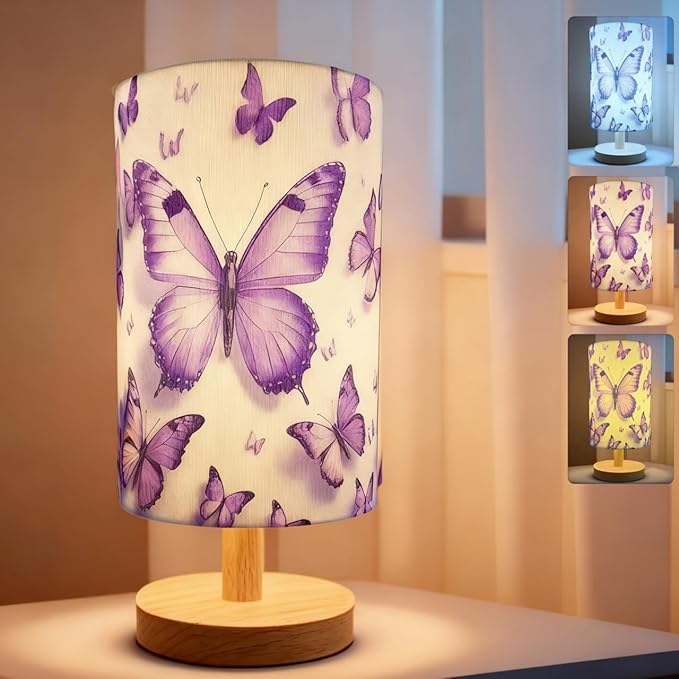 Butterfly Lamp, Butterfly Lamps for Girls Bedroom,3 Color Night Light Wood Nightstand Desk Base Flaxen Fabric Shade for Bedroom Living Room, Butterflys Lovers Gifts, LED Bulb Included（purple lamp）