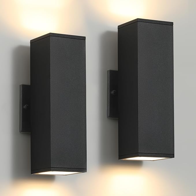tewei LED Square Up and Down Lights Outdoor Wall Lights, Matte Black Exterior Lighting Fixtures with 7W LED Bulbs, Modern Outdoor Sconce Lights for House, Garage, Porch, Doorway, 2 Pack