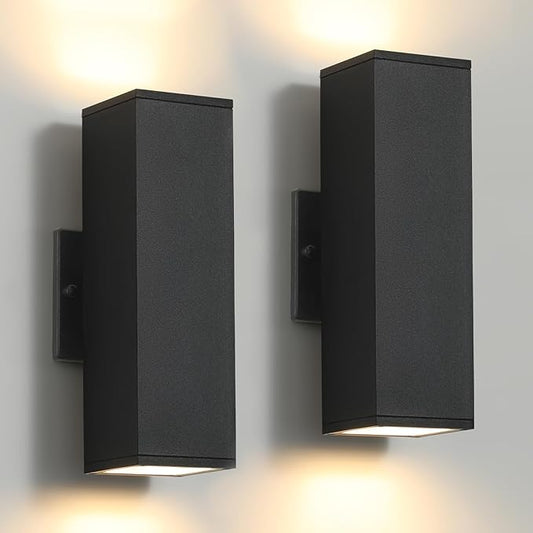 tewei LED Square Up and Down Lights Outdoor Wall Lights, Matte Black Exterior Lighting Fixtures with 7W LED Bulbs, Modern Outdoor Sconce Lights for House, Garage, Porch, Doorway, 2 Pack