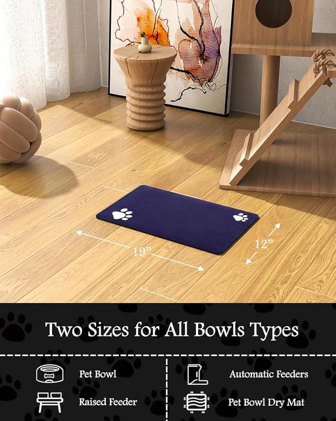 Pet Feeding Mat-Absorbent Dog Mat for Food and Water Bowl-No Stains Quick Dry Water Dispenser Mat-Dog Accessories Pet Supplies-Bowl for Messy Drinkers（Navy,12"x19"