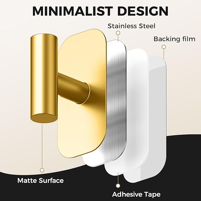 Adhesive Towel Hooks for Shower,Waterproof Heavy Duty Bathroom Hooks,Wall Mounted Sticky Hangers for Coats/Aprons/Robes,No Drilling(Gold,4 Pack)