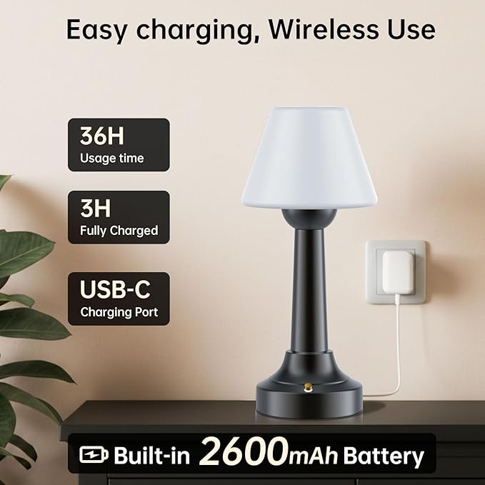 Cordless Table Lamp, Rechargeable Touch LED Lamp with 3 Color Temps & Stepless Dimming, Portable Battery Operated Light for Bathroom, Shower, Bedroom, Patio, Indoor/Outdoor Use, IP65 Waterproof