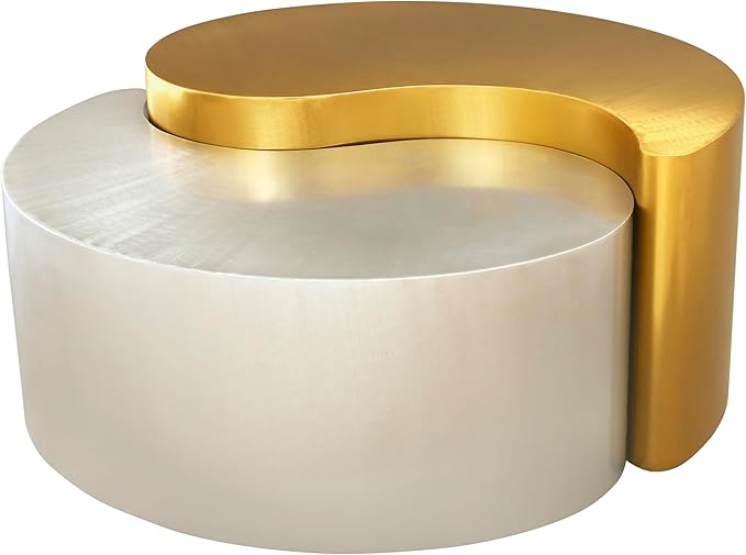 Modern Contemporary Luxury Ying-Yang 36" Coffee Table Set, Sculptural Design with Aluminum Frame for Living Room, Entryway, Home & Office, Gold & Silver Dual Tone Coffee Table