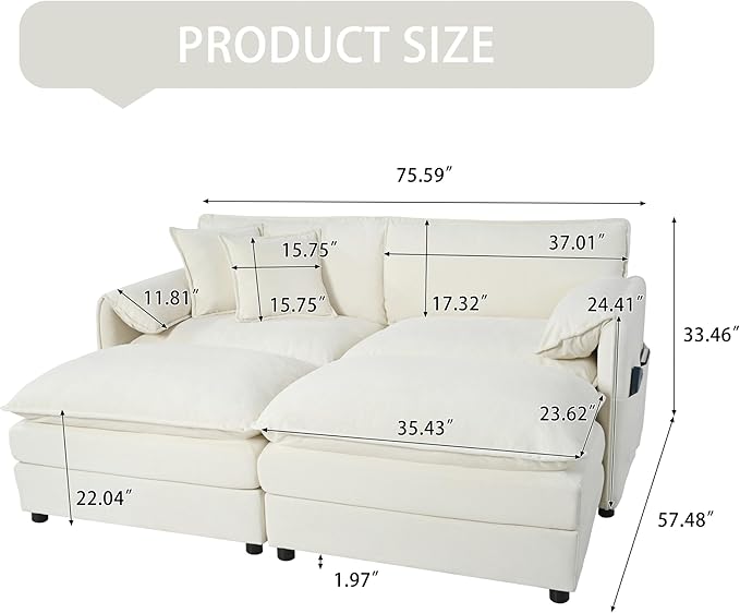 Loveseat Deep Seat Sectional Sofa Cloud Couch, Modern Chenille Comfy Upholstered Modular U Shaped Couch for Living Room, Apartment, Office (White, 75.59 Inch-U Shape)