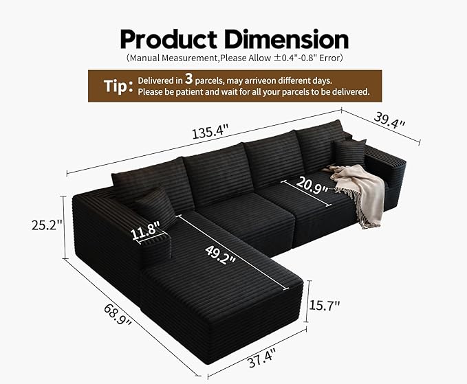 135.4" Cloud Modular Sectional Sofa Couch with L-Shape Chaise,Modern Minimalist Upholstered Couches for Living Room Bedroom,Deep Seat Corner Couch，No Assembly Required (Black,Left Facing Chaise)
