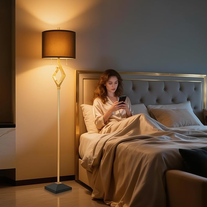 Sculptural Floor Lamp for Living Room Bedroom, 64.5” Pull Chains Standing Lamp, Gold Leaf Finish & Black Faux Silk Lamp Shade, Lighting Brightness Adjustable Lamp with Bulb Prefer for Home Decor