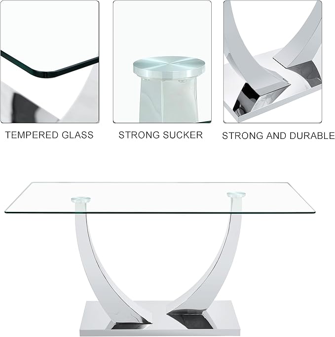 Modern Dining Table Set for 6, Glass Dining Table with 6 PU Leather Chairs, U-Shaped Legs and Rectangular Base