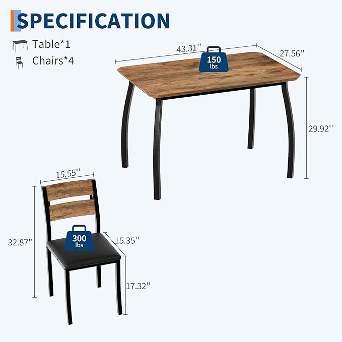 GAOMON 5 Piece Dining Table Set for 4, Space-Saving Kitchen Table with Upholstered Chairs, Modern Angled Corner Design, Compact Dinner Set for Small Spaces, Apartment, Dining Room, Retro Brown