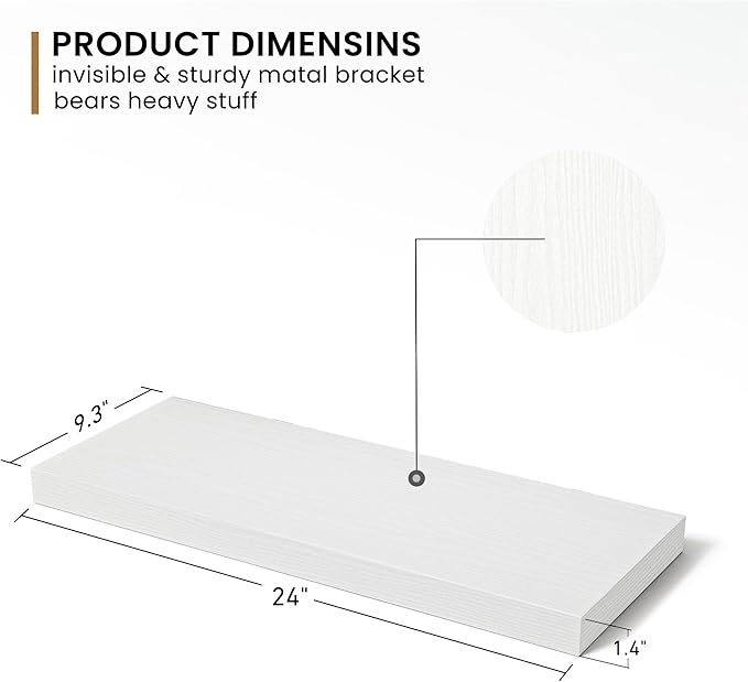 Fun Memories Floating Shelves - 2 Pack 9.3 Inch Deep Rustic Wooden Wall Shelves - Wall Mounted Storage Shelf with Invisible Brackets, 24" W x 9" D x 1.6" H - White