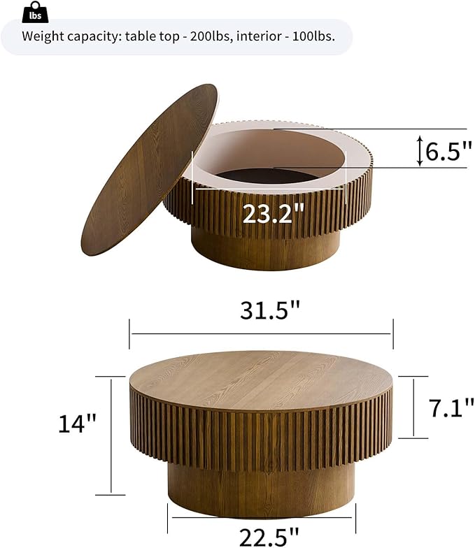 31.5'' Small Round Coffee Table with Storage, Fluted Coffee Table with Solid Wood Veneered, Mid Century Modern Wooden Center Table, Accent Tea Table for Small Space Living Room Apartment, Brown