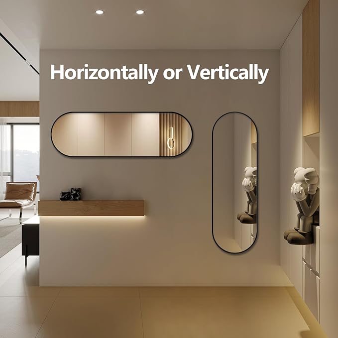 Oval Full Length Mirror, 60"×19" Wall-Mounted Mirror with Metal Frame, Ultra-Clear Explosion-Proof, Simple and Classic Deco for Cloakroom/Bedroom/Living Room, Black