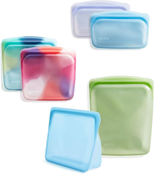 Stasher Premium Silicone Reusable Food Storage Bags, 6-Pack, Tie Dye Multi, Multi-Use Food Storage Bags, Lunch Bag, Travel Containers, BPA Free, Leak-free, Dishwasher-Safe, Eco-friendly