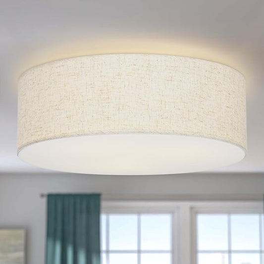 Flush Mount Ceiling Light,16''Modern Close to Ceiling Lamp with Double Linen Fabric Shade,3 Light Semi Flush Mount Ceiling Light Fixture,Farmhouse Drum Light Fixture for Bedroom Living Room