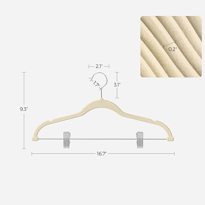 SONGMICS 20-Pack Pants Hangers, 16.7-Inch Long Velvet Hangers with Adjustable Clips, Heavy-Duty, Non-Slip Skirt Hangers, Space-Saving for Pants, Skirts, Coats, Dresses, Sandy Beige UCRF012K20