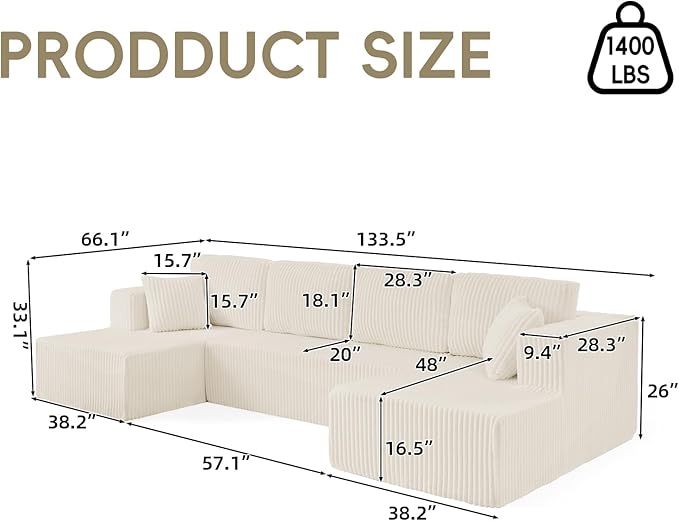 134 Inch Cloud Sectional Couch with L-Shape Chaise,Modern Upholstered Couches with Deep Seat,Corduroy Sponge Compressed Sofa for Living Room,No Assembly Required (Off White, U-Shaped Sofa)