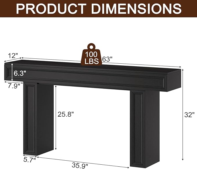 Rresyet 63 Inch Long Console Table, Sofa Table Behind Sofa, Wooden Entryway Table, Farmhouse Entryway Table for Entry, Hallway, Living Room (Black)