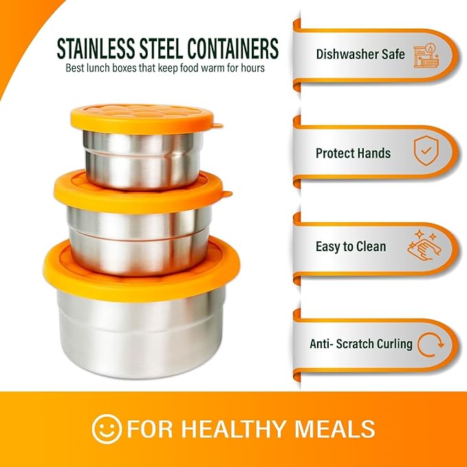 Anas Metal Food Storage Containers with Lids - Stainless Steel, Compact Stackable, Leak Proof, Dishwasher Safe and Microwavable for Lunch, Work, School Travel, Bento Box (4)