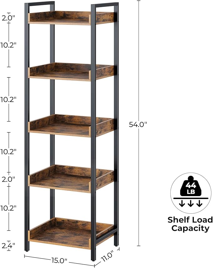 Rolanstar Bookshelf, 5-Tier Storage Rack, Narrow Corner Bookshelf, Display Wooden Shelves for Living Room, Bathroom, Balcony, Kitchen,Rustic Brown