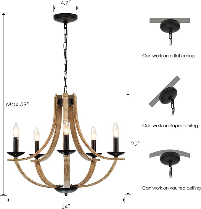 Farmhouse Chandeliers for Dining Room Light Fixture, 5-Light 24 inch Faux Wood Texture Hanging Lighting Fixtures, Rustic Candle Chandeliers for Living Room Kitchen Island Foyer Entryway
