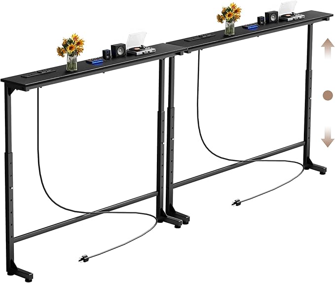 78 inch Narrow Console Table with Outlet,Adjustable Height(25"-37") Behind Sofa Table,Couch Behind Table Skinny,Couch Shelf with Charging Station,Long Entryway Table for Living Room,Black