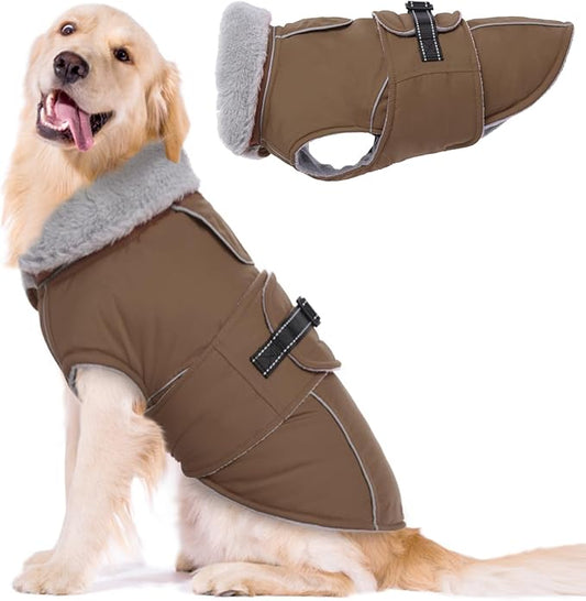 Lelepet Warm Dog Coat Reflective Fleece Vest Waterproof Dog Jacket with Adjustable Buckle Hook & Loop Windproof Cold Weather Coats for Small Medium Large Dogs, Brown, XL