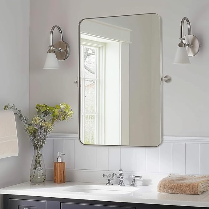 ANDY STAR 22"x34" Brushed Nickel Pivot Mirror for Bathroom, Silver Metal Frame Bathroom Mirrors for Wall，Rectangle Titling Vanity Wall Mirror with Rounded Corner Design Hangs Vertically Only