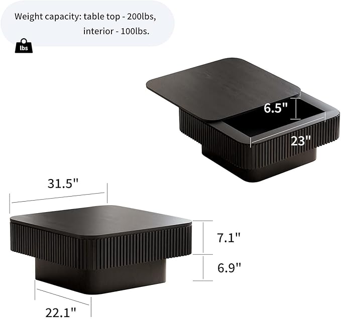 31.5'' Small Square Coffee Table with Storage, Fluted Coffee Table with Solid Wood Veneered, Mid Century Modern Wooden Center Table, Accent Tea Table for Small Space Living Room Apartment, Black
