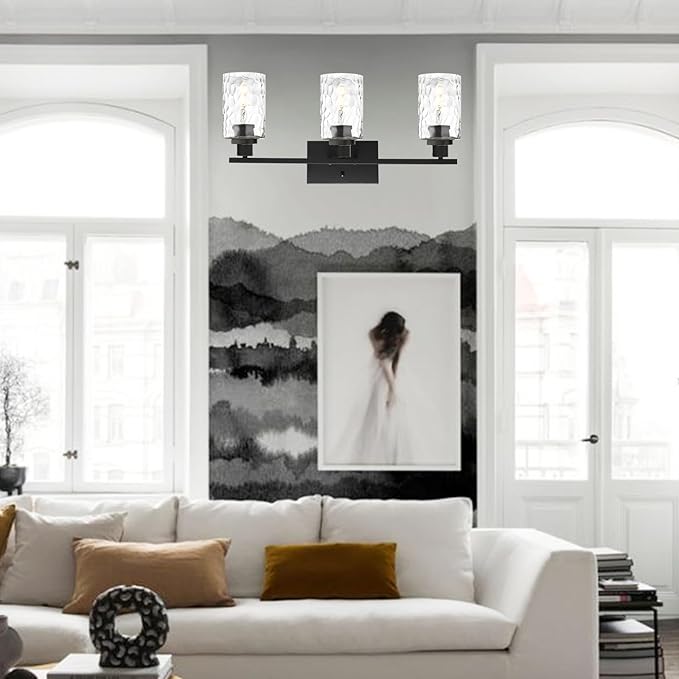 MELUCEE 3-Light Bathroom Light Fixtures, Vanity Lights Over Mirror Black Finish with Hammered Glass, Industrial Wall Light Fixture Suitable for Living Room Porch Kitchen (Patent No.: US D963914 S)