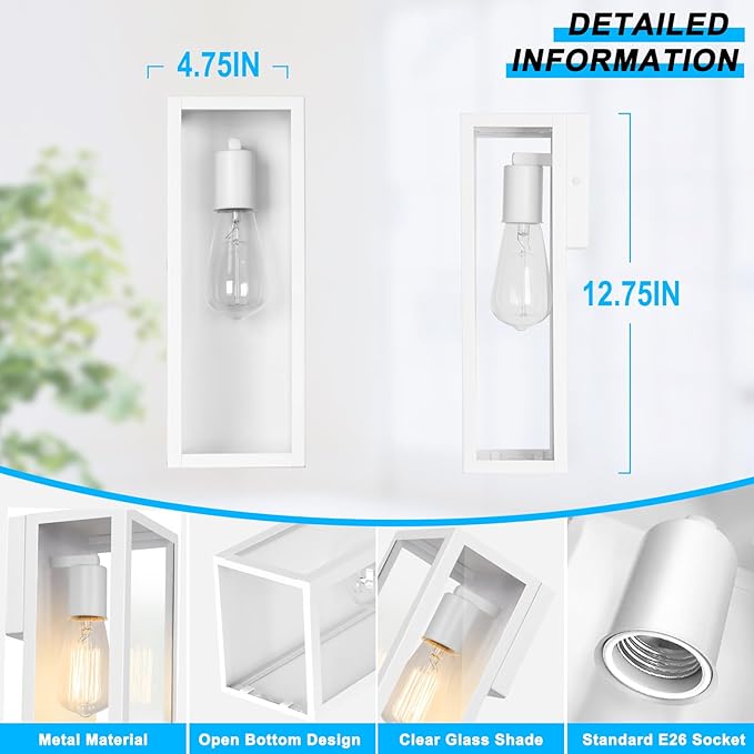 2-Pack Outdoor Wall Lanterns, Exterior Waterproof Wall Sconce with Glass Shades, White Porch Lights Mounted, Anti-Rust E26 Modern Lighting Fixtures for Patio Garage Entryway Front Door