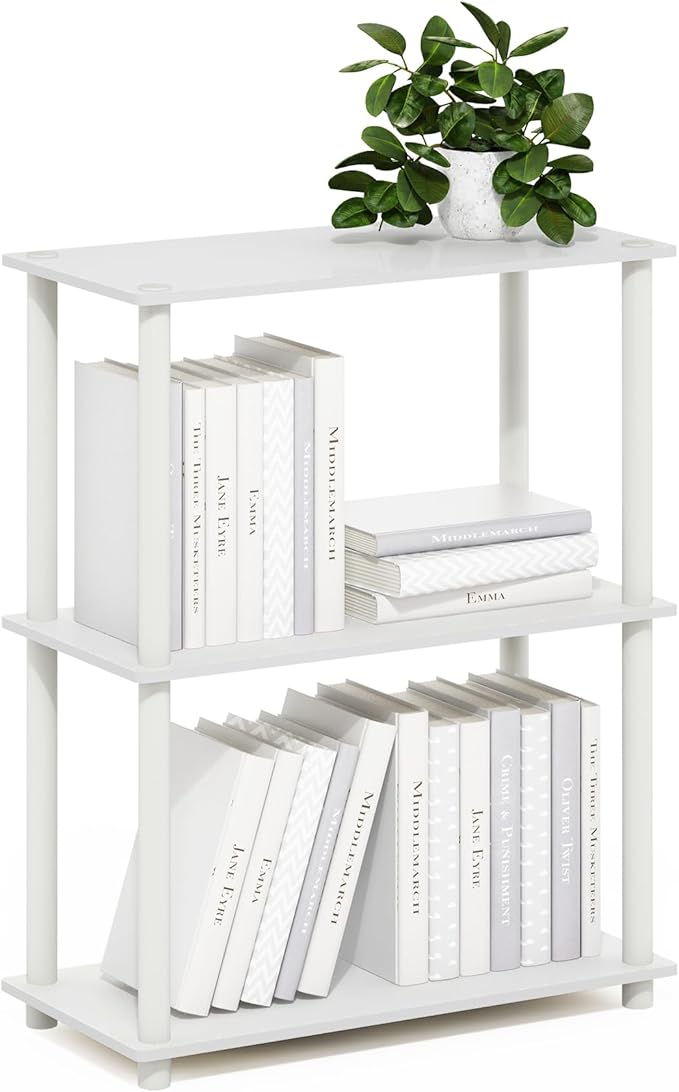 Furinno Turn-N-Tube Storage Shelves, 3-Tier Book Shelf, Corner Shelf, Toolless Open Shelves, for Organization and Storage, Living Room, Garage, Home Office, White