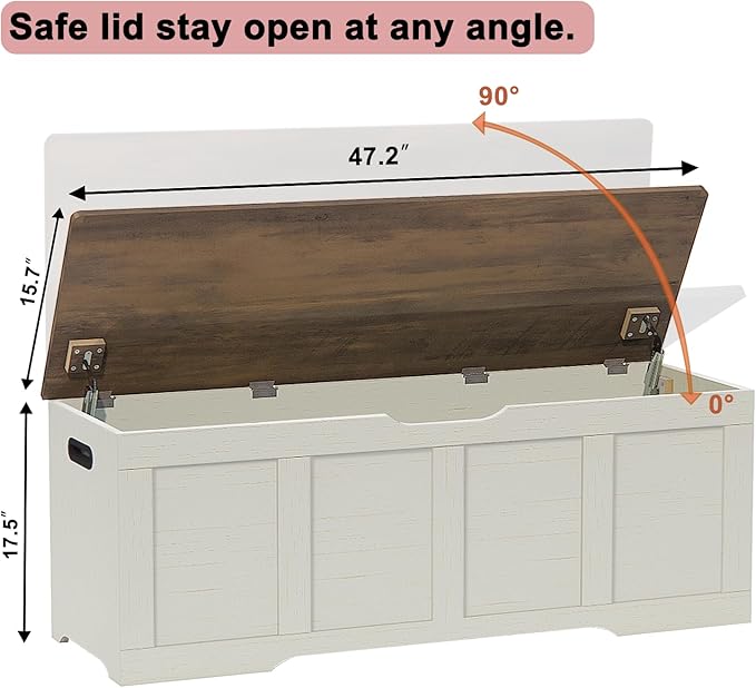 47.2" Storage Chest, Extra Large Storage Trunk with 2 Safety Hinges, Wooden Storage Bench, Shoe Bench, Entryway Bench for Living Room, Bedroom, Brown and Rustic White