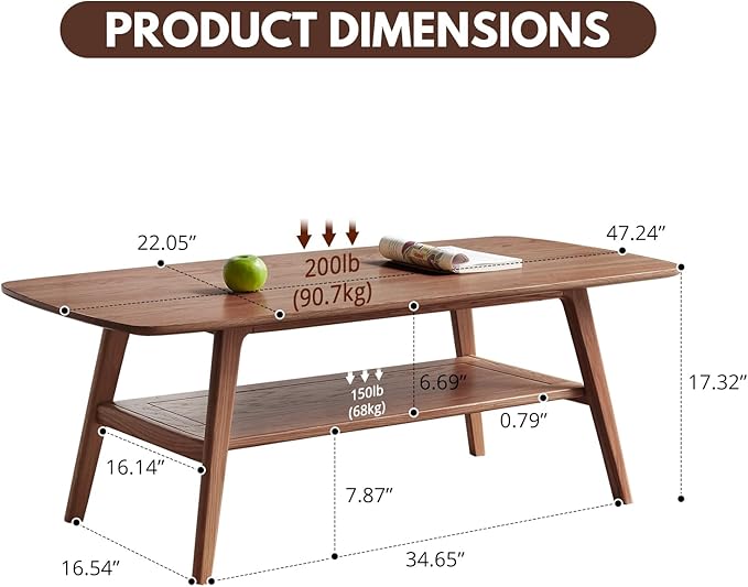 Wood Coffee Table - 100% Solid Oak Wood- 2-Tier Coffee Table with Storage for Living Room, Eco-Friendly Finish, Easy Assembly (Walnut, 47.24" D x 22.04" W x 17.32" H)