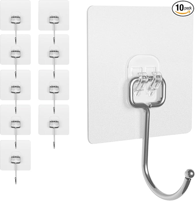Adhesive Wall Hooks for Hanging - 60lb Heavy Duty Waterproof & Rustproof, Sticky Hooks for Walls No Damage, Kitchen/Bathroom/Rental (Ganchos para Pared) 10-Pack