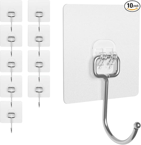 Adhesive Wall Hooks for Hanging - 60lb Heavy Duty Waterproof & Rustproof, Sticky Hooks for Walls No Damage, Kitchen/Bathroom/Rental (Ganchos para Pared) 10-Pack