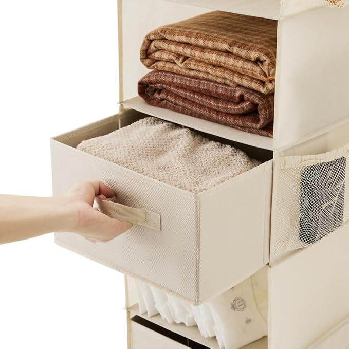 MAX Houser 5 Tier Shelf Hanging Closet Organizer, Cloth Hanging Shelf with 2 Sturdy Hooks for Storage, Foldable (Beige-D2)