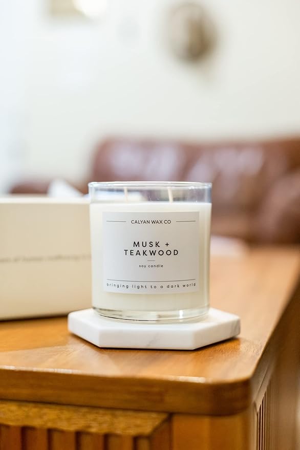 Calyan Wax Co. Musk & Teakwood 2 Wick Scented Candle - 37 Hour Burn - Luxury Non Toxic Soy Wax Candles - Long Lasting Large Glass Jar Candle for Home - 8.8oz