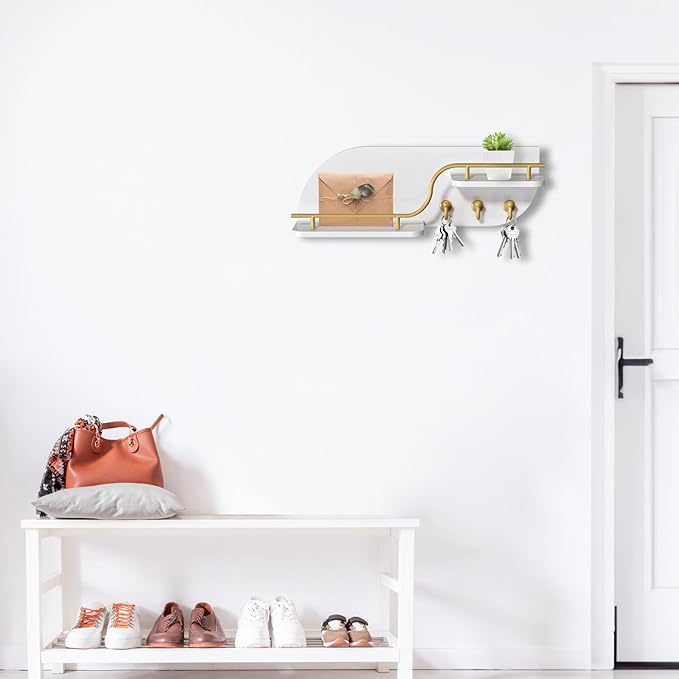 Key Holder for Wall, Decorative Key and Mail Organizer with 3 Metal Hooks and 2 Shelves, Wood Wall Mounted Key Rack for Entryway, White