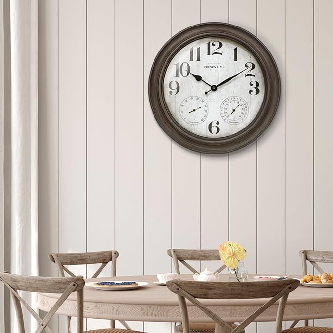 Presentime & Co. 26" Clifton in/Outdoor Farmhouse Clock with Thermometer & Hygrometer as All in One Weather Station, Farmhouse Wall Art and Timepiece for Home Decoration, Grey Oak Finish