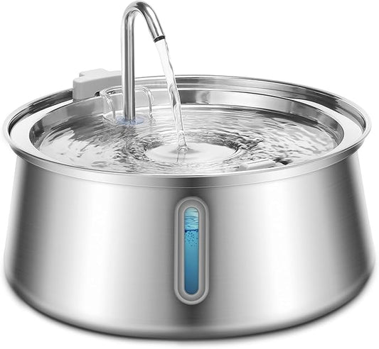 Cat Water Fountain Stainless Steel, 134oz/4L Automatic Pet Water Fountain with Water Level Window, Ultra Quiet Dog Water Dispenser with Filter and Sponge, Faucet Water Fountain for Cat, Dog