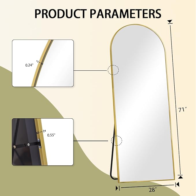 BEAUTYPEAK 71"x26" Arch Full Length Mirror, Full Body Floor Mirror with Stand Hanging or Leaning, Aluminum Alloy Frame Wall Mirrors for Bedroom, Dressing Room, Gold